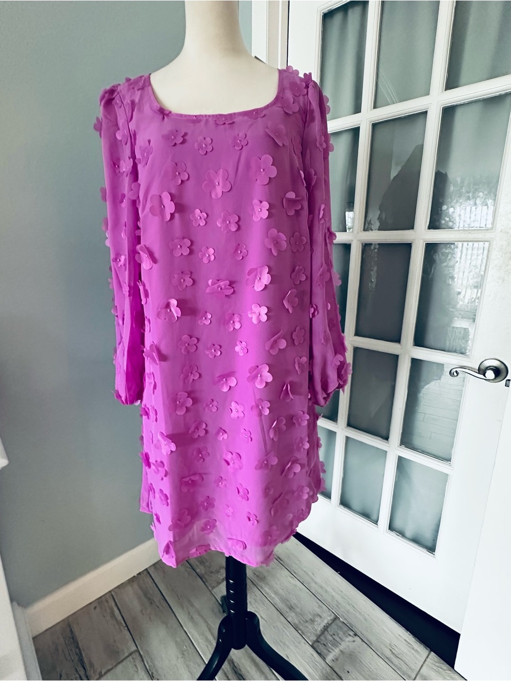 Nina Leonard Magenta Floral Appliqué Dress